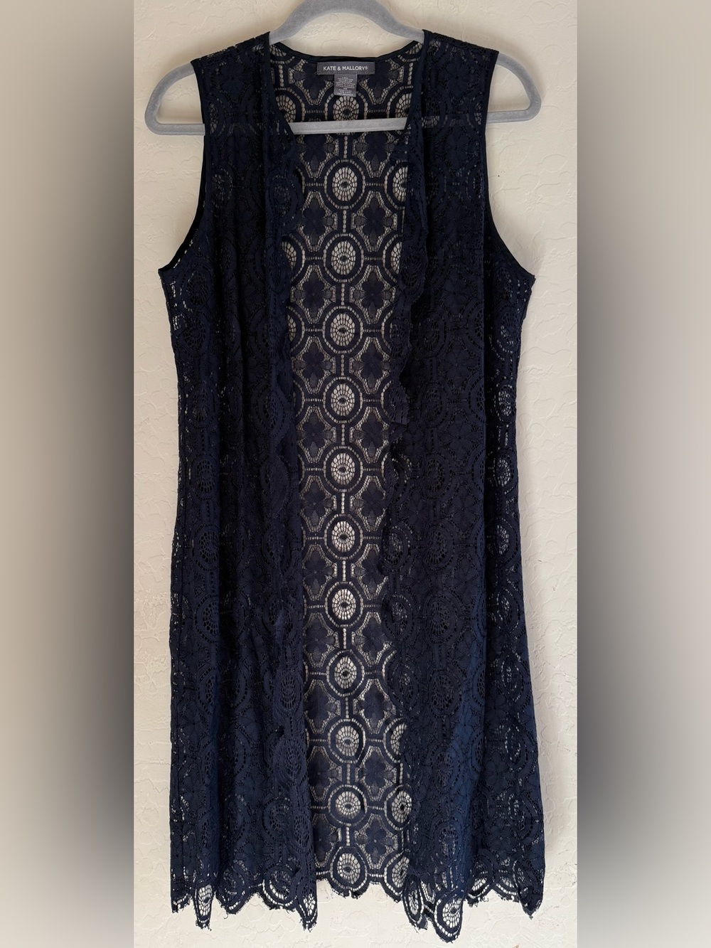 Kate & Mallory, XS, cotton blend navy blue sleeveless open-front lace vest
